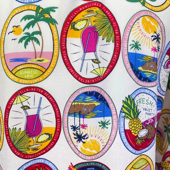 SUNBURST KISS Hawaiian Shirt Tropical Summer Beach Cocktails Cropped Sz L - Picture 5 of 10